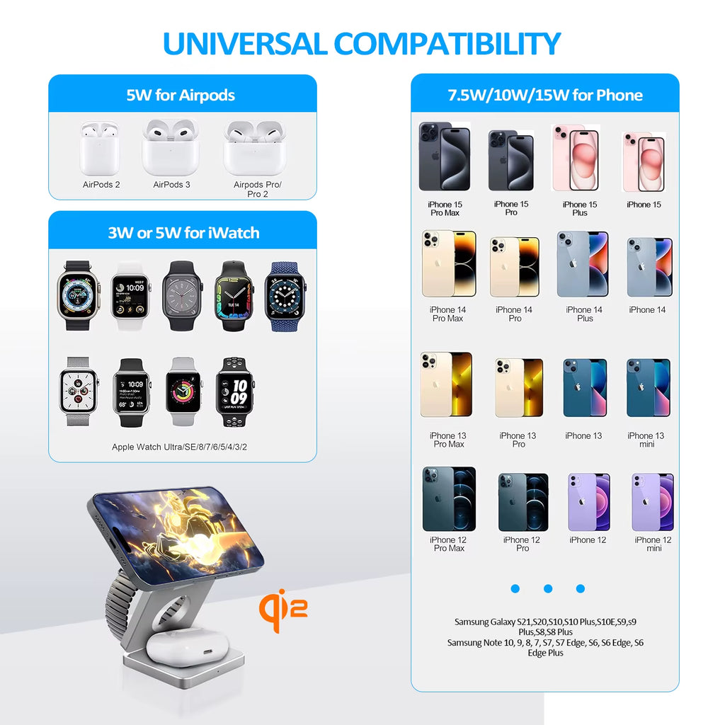Qi2/Qi1 3 in 1 15W Magnetic Wireless Charger for Iphone 17 16 15 Fast Charging Folding for Apple Watch Airpods Wireless Charger