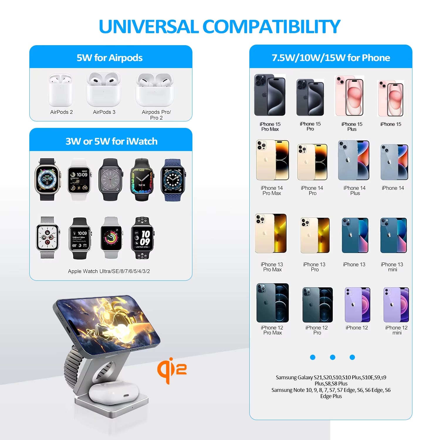 Qi2/Qi1 3 in 1 15W Magnetic Wireless Charger for Iphone 17 16 15 Fast Charging Folding for Apple Watch Airpods Wireless Charger